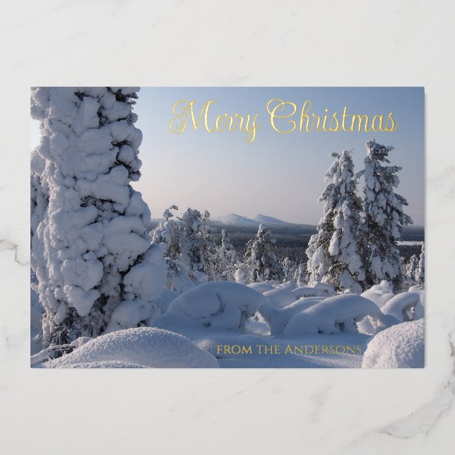 Snowy Winter Landscape Merry Christmas Foil Holiday Card (Front)