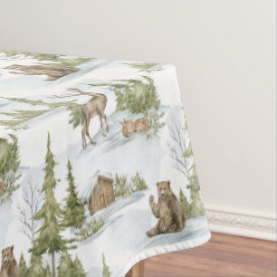 Snowy Winter Log Cabin   Woodland Animals  Tablecloth