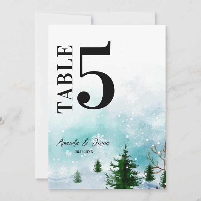 Snowy Winter Magic Blue Hues Wedding Table Number (Front)