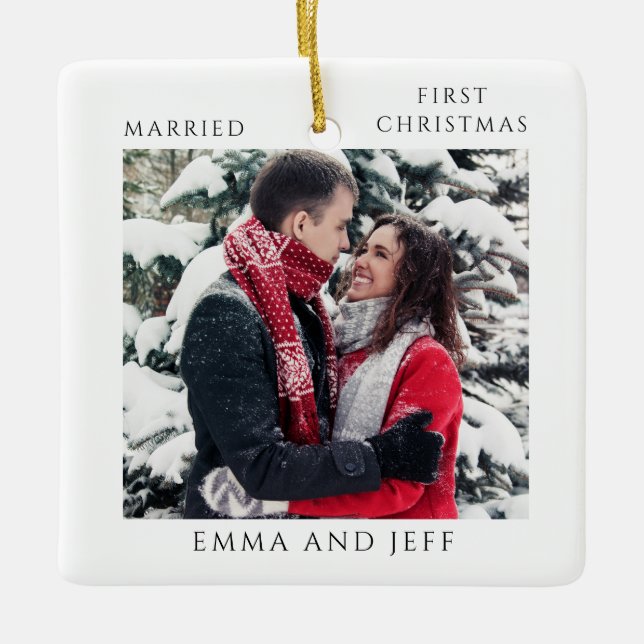 Snowy Winter Married First Christmas Holiday Photo Ceramic Ornament (Front)