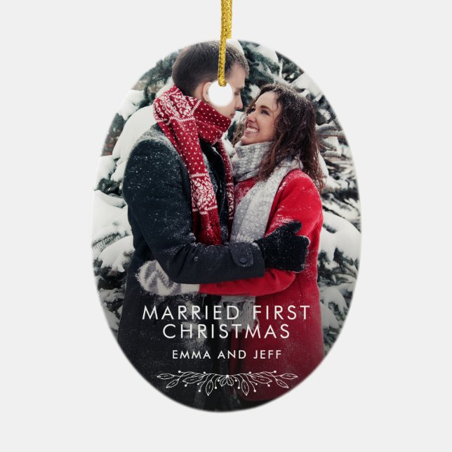 Snowy Winter Married First Christmas Holiday Photo Ceramic Tree Decoration (Front)