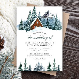 Snowy Winter Mountain Forest Cabin Lodge Wedding Invitation