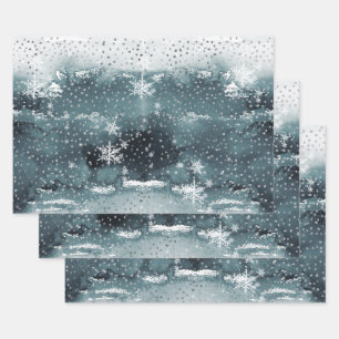 Snowy Winter Mountain Forest Silver Snowfall Wrapping Paper Sheet