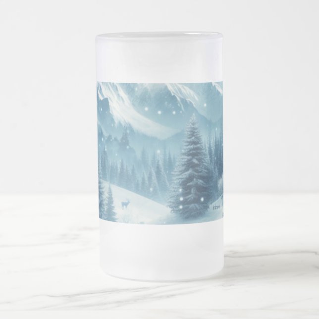 Snowy Winter Mountain Frosted Glass Beer Mug (Center)