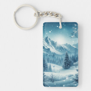 Snowy Winter Mountain Key Ring