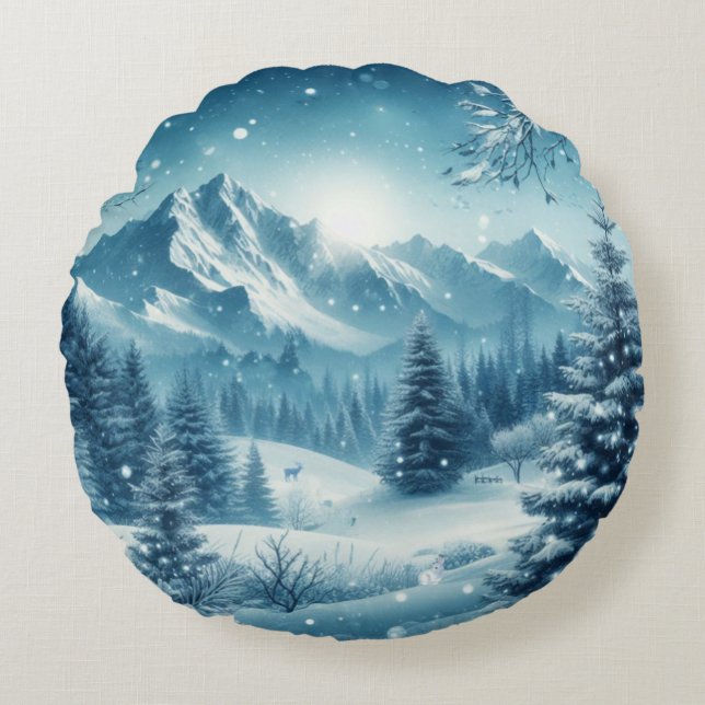 Snowy Winter Mountain Round Cushion (Front)