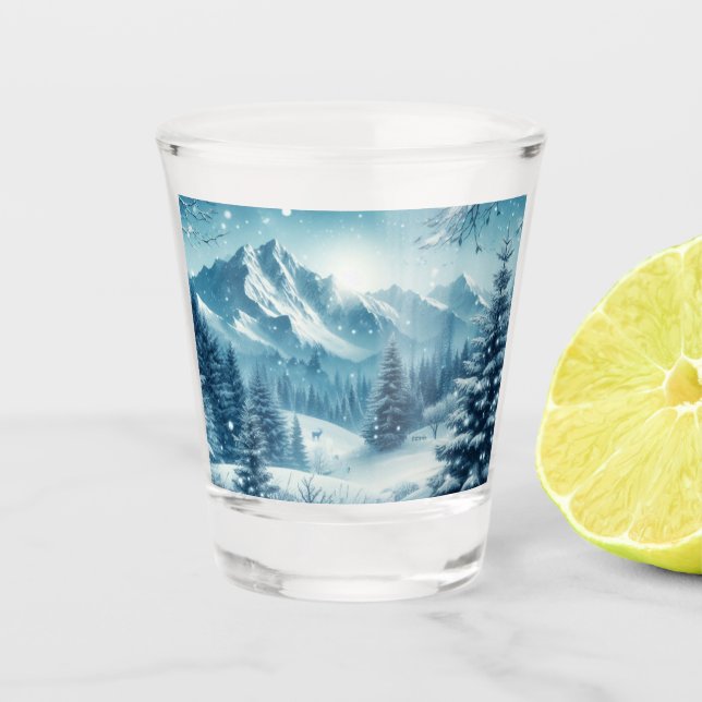 Snowy Winter Mountain Shot Glass (Front)