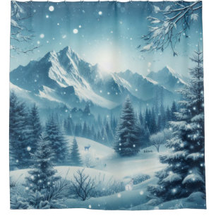 Snowy winter mountain shower curtain