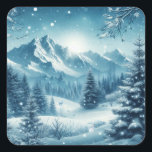 Snowy Winter Mountain Square Sticker<br><div class="desc">small animals if you see them</div>