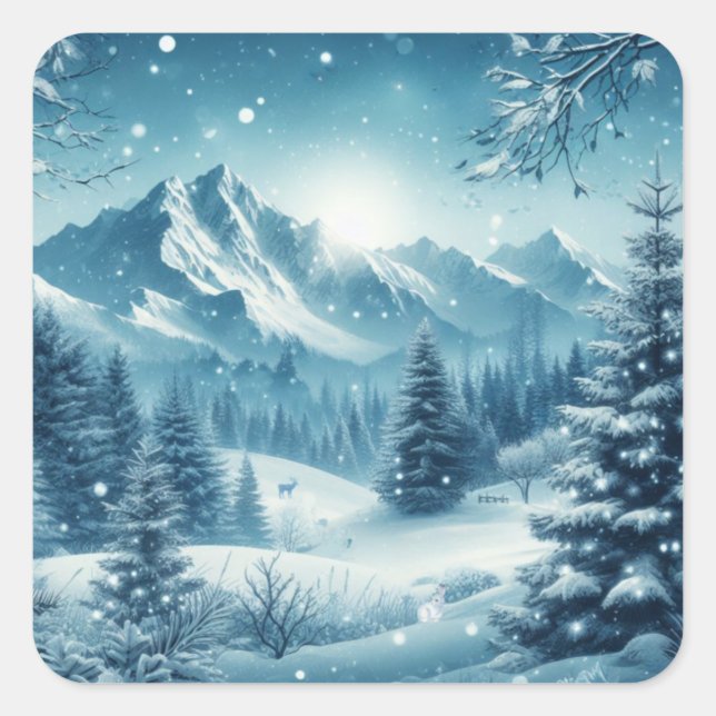 Snowy Winter Mountain Square Sticker (Front)
