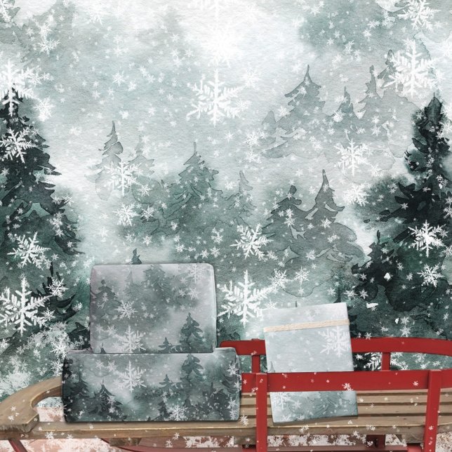 Snowy Winter Mountain Woodland Forest Snowflakes Wrapping Paper (Snowy Winter Mountain Woodland Forest Snowflakes Winter Holiday Gift Wrapping Paper Rolls)