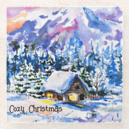Snowy Winter Mountainside Cosy Christmas Glass Coaster