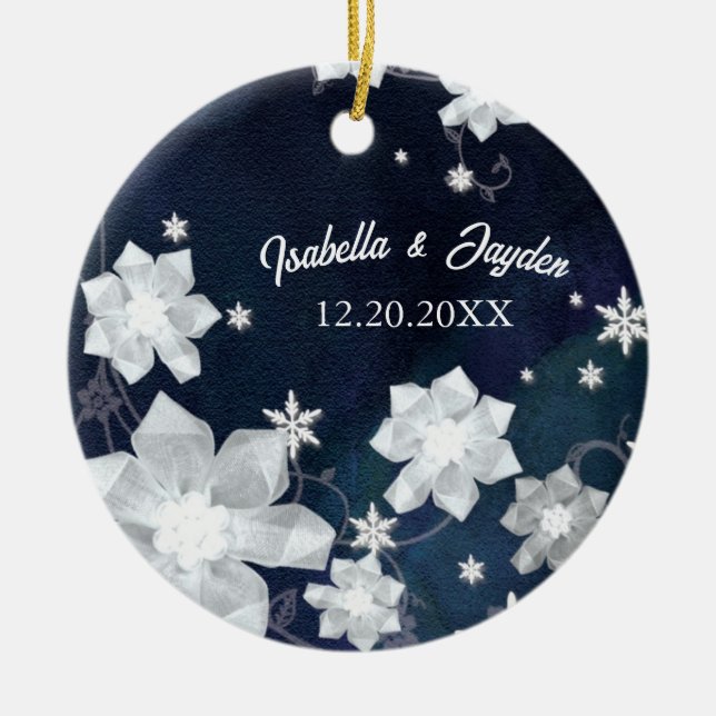 Snowy Winter Navy Blue Wedding Keepsake Ceramic Tree Decoration (Front)