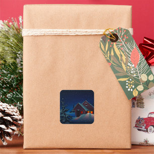 Snowy Winter Night Landscape Square Sticker