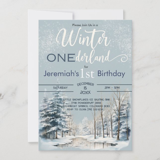 Snowy Winter ONEderland 1st Birthday Boy Invitation (Front)
