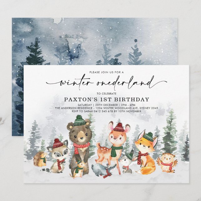 Snowy Winter Onederland Woodland Animals Birthday Invitation (Front/Back)