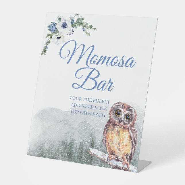 Snowy Winter Owl Baby Shower Momosa Table Sign (Front)