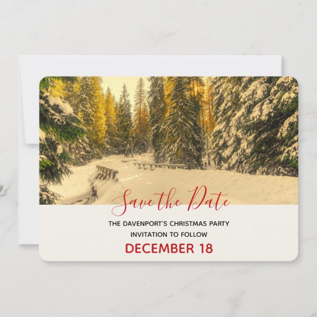 Snowy Winter Path with Pine Trees Christmas Save The Date (Front)