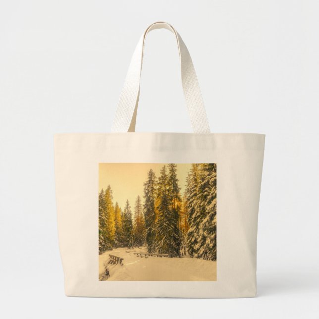 Snowy Winter Path with Pine Trees Large Tote Bag (Front)