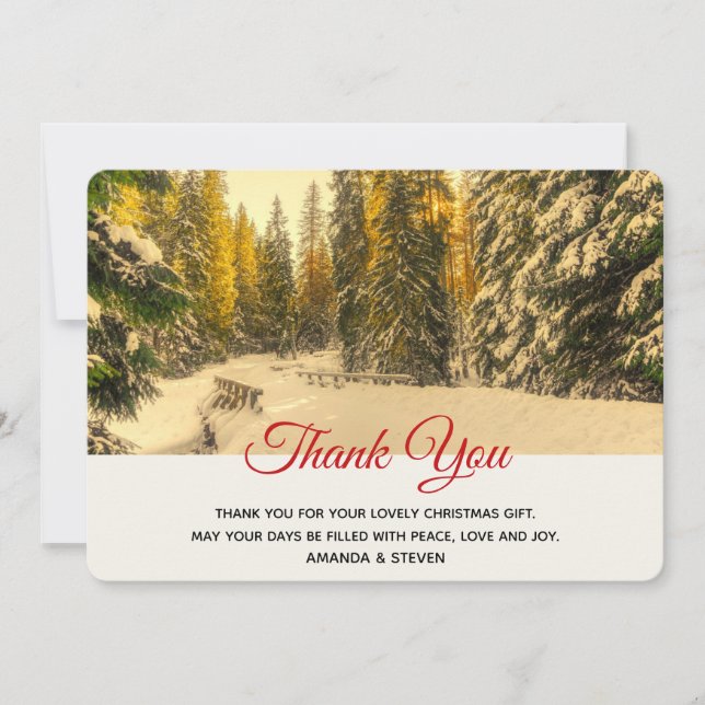 Snowy Winter Path with Pine Trees Thank You Card (Front)