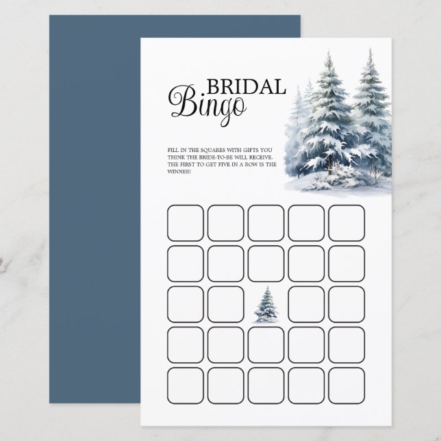 Snowy winter pine forest Bridal Shower Bingo Game (Front/Back)