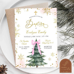Snowy Winter Pink Girl Christmas Baptism Day  Invitation