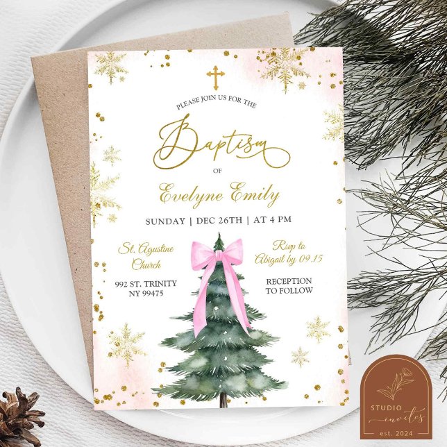 Snowy Winter Pink Girl Christmas Baptism Day  Invitation (Creator Uploaded)