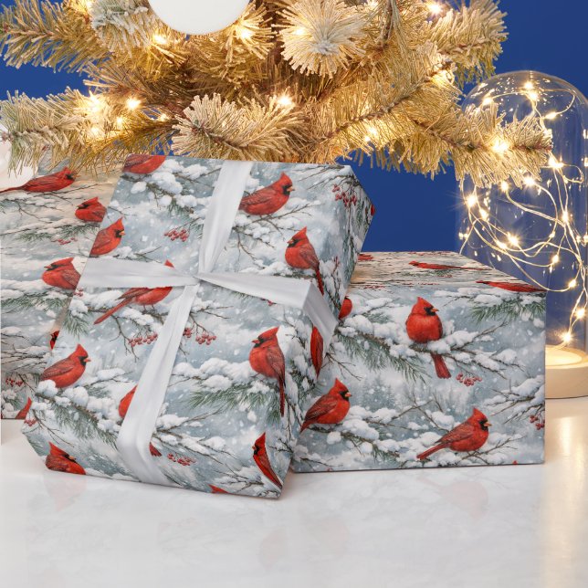 Snowy Winter Red Cardinal Bird Pattern Wrapping Paper (Holidays)