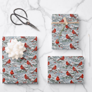 Snowy Winter Red Cardinal Bird Pattern Wrapping Paper Sheet