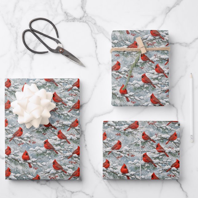 Snowy Winter Red Cardinal Bird Pattern Wrapping Paper Sheet (Front)
