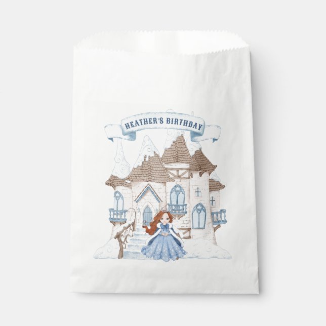 Snowy Winter Red Haired Princess Birthday Favour Bags (Front)