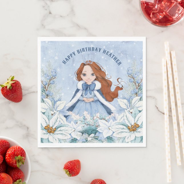 Snowy Winter Red Haired Princess Birthday Napkin (Insitu)