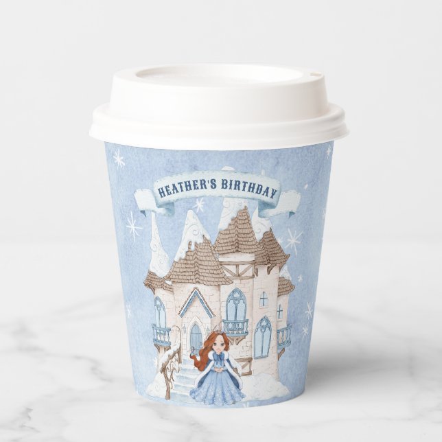 Snowy Winter Red Haired Princess Birthday Paper Cups (Front)
