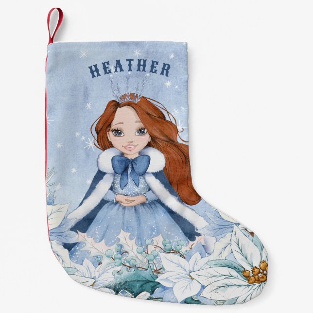 Snowy Winter Red Haired Princess Small Christmas Stocking (Front)