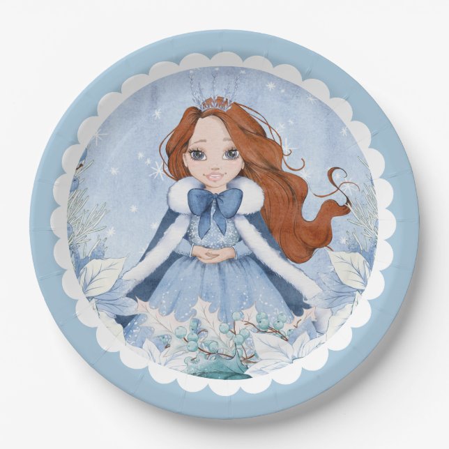 Snowy Winter Red Headed Princess Birthday Paper Plate (Front)