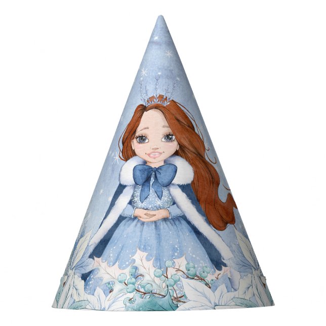 Snowy Winter Red Headed Princess Party Hat (Front)
