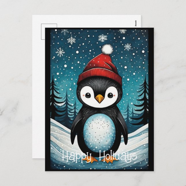 Snowy Winter Santa Penguin Christmas Holidays Holiday Postcard (Front/Back)