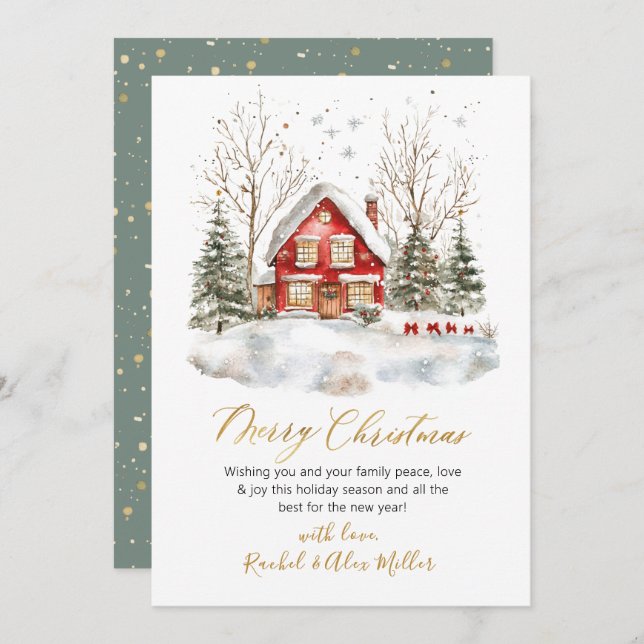 Snowy Winter Scene Gold Script Non Photo Christmas Holiday Card (Front/Back)