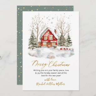 Snowy Winter Scene Gold Script Non Photo Christmas Holiday Card