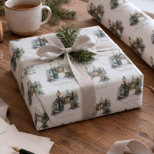 Snowy Winter Scene Watercolor Christmas Village Wrapping Paper