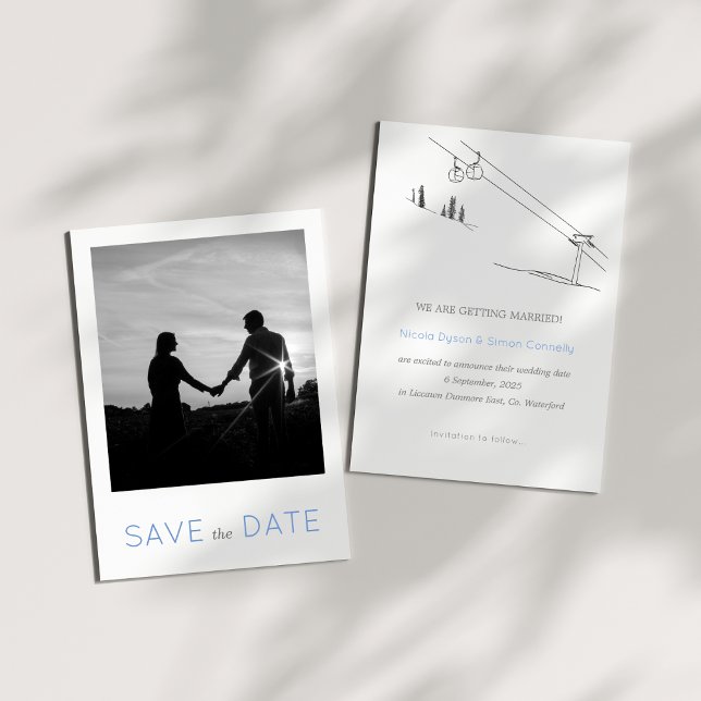 Snowy Winter Ski Newlywed Couple Black and White  Save The Date (Sample)