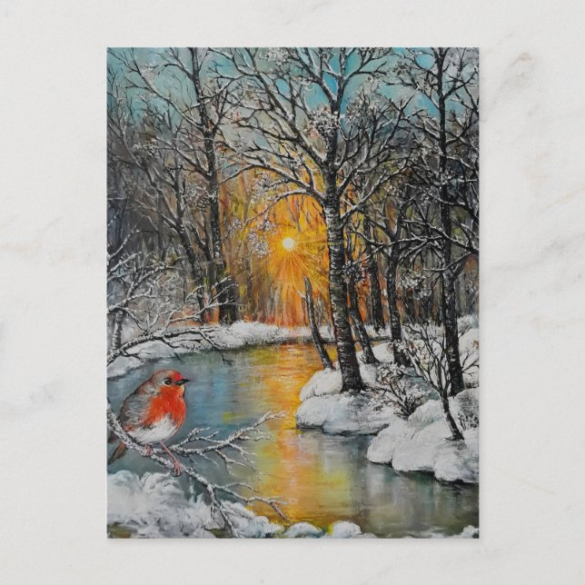 Snowy winter sunset forest landscape with robin holiday postcard (Front)