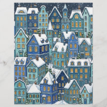 Snowy Winter Village Blue Houses Scrapbook Paper