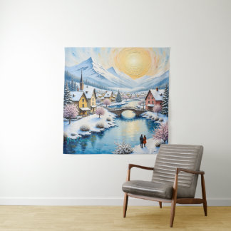Snowy Winter Village by Golden Sun Tapestry