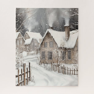 Snowy Winter Village Cottages Jigsaw Puzzle