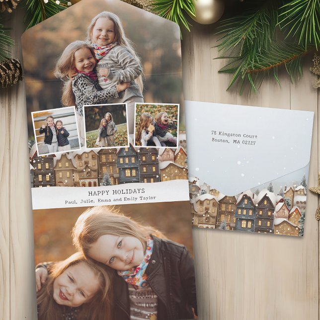 Snowy Winter Village Four-Photo Collage All In One Invitation (Creator Uploaded)