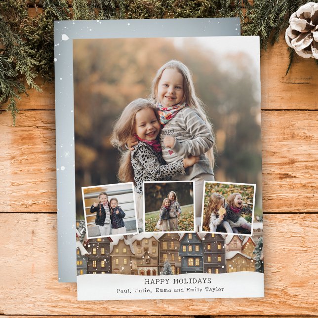 Snowy Winter Village Four-Photo Collage Holiday Card (Creator Uploaded)
