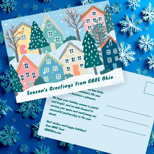 Snowy Winter Village Holiday Christmas CUSTOM Postcard (Snowy Winter Village Holiday Christmas CUSTOM Illustration Non-Photo Business Customer Postcard
)
