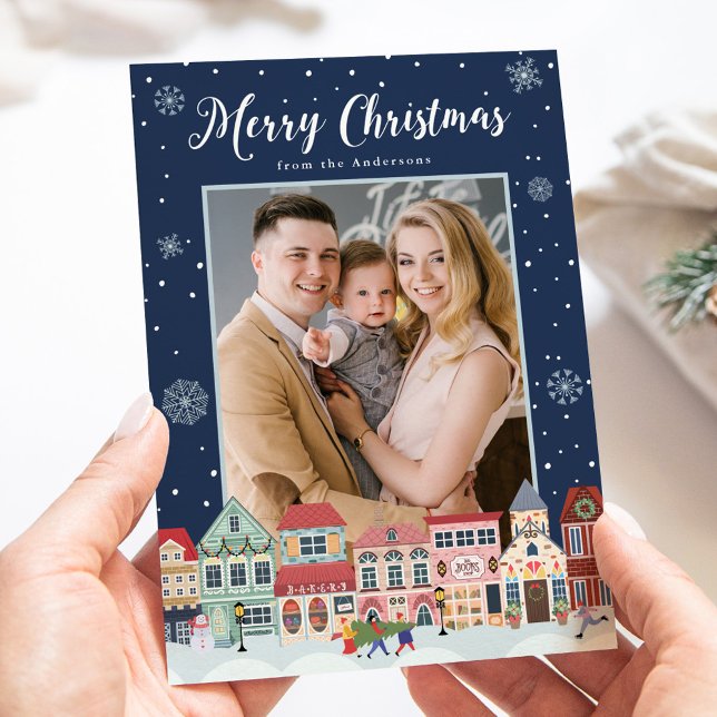 Snowy Winter Village Merry Christmas 2 Photo Holiday Card (Creator Uploaded)