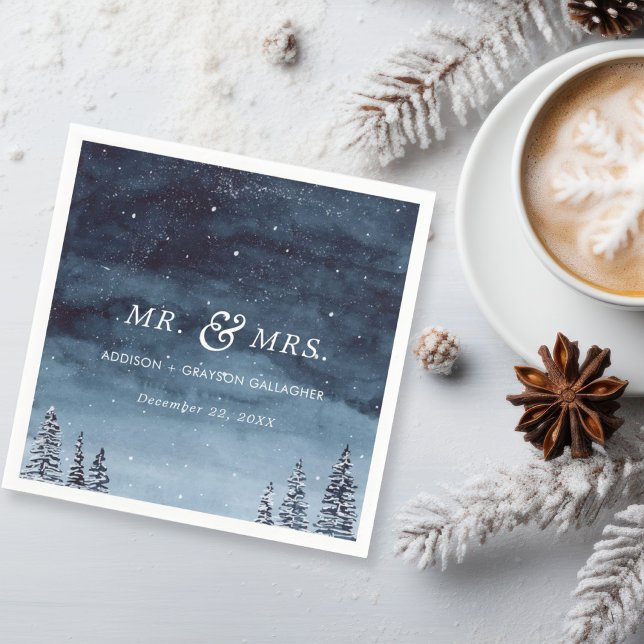 Snowy Winter Watercolor Navy Blue Wedding Napkin (Watercolor winter wonderland navy night sky with snow wedding napkin for your reception.)